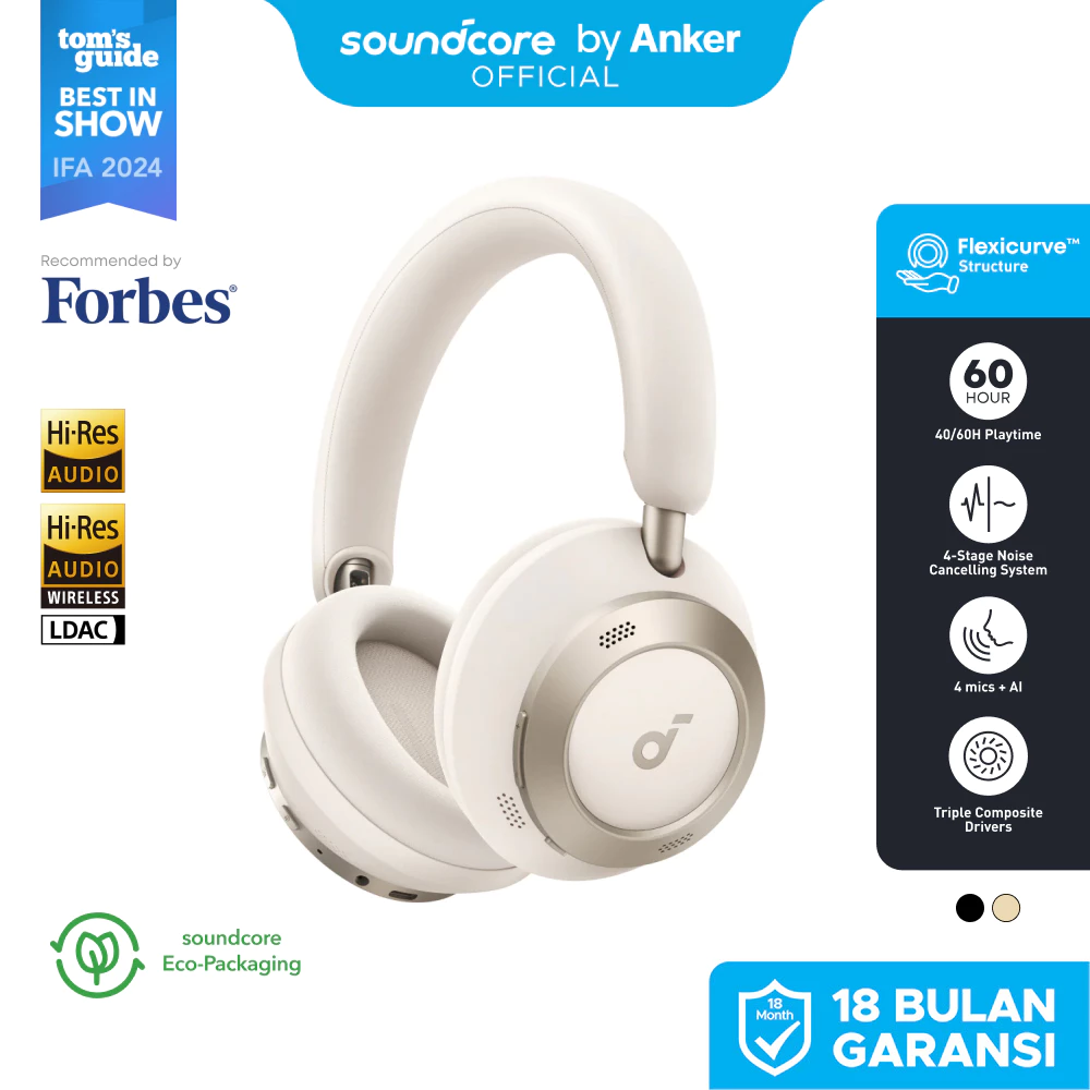 Soundcore Space One Pro FlexiCurve Over-Ear Headphone, Adaptive Active Noise Cancelling Headphones Driven by 6 Mics