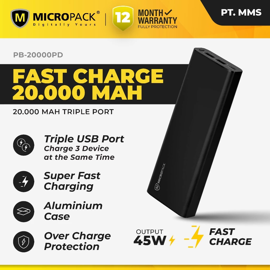 MICROPACK- 100% ORIGINAL POWER BANK 20000 mAH PREMIUM BLACK PD SMART - (PB-20000PD.BLK)