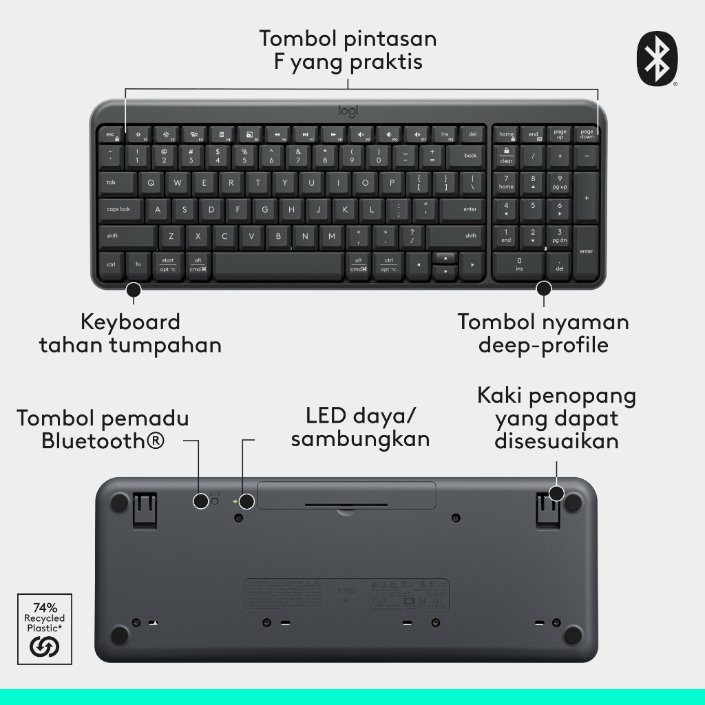 Logitech K250 Bluetooth Keyboard dengan Tombol angka, Konektivitas yang Mudah, Keyboard Nirkabel Ringkas yang dibuat dengan Plastik Daur Ulang, Tahan  (8)