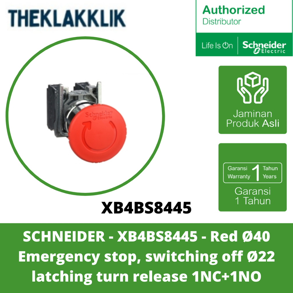 Jual SCHNEIDER - XB4BS8445 - Red Ø40 Emergency stop, switching off Ø22 ...