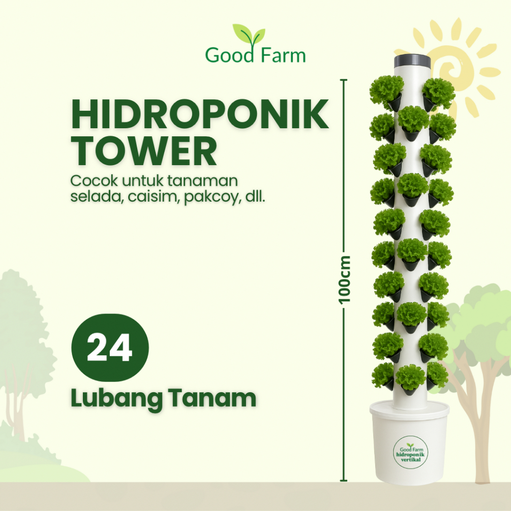 GoodFarm - Paket Hidroponik Tower 24 Lubang Lengkap Siap Pakai