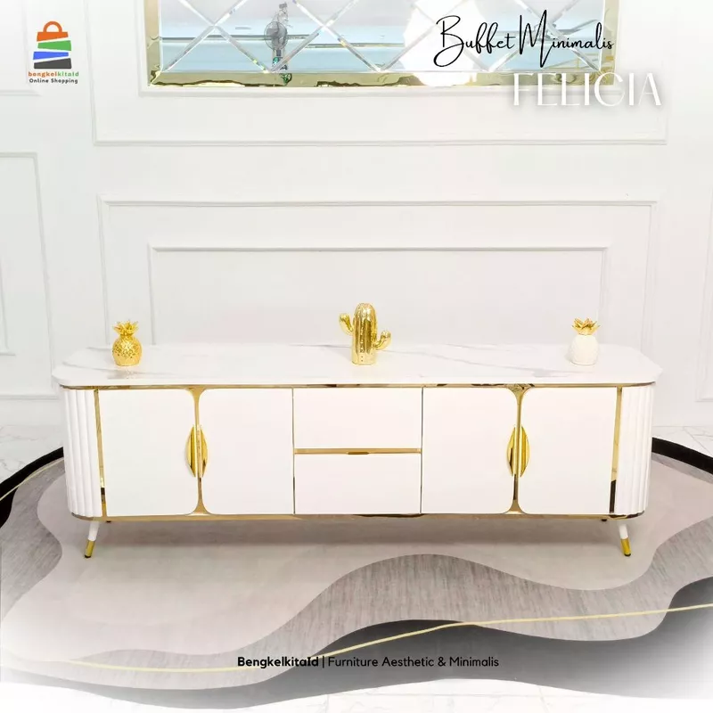 Meja TV Aesthetic Meja Buffet TV Kayu Solid - MEJA FELICIA - 210cm Cat Duco Glossy Mewah