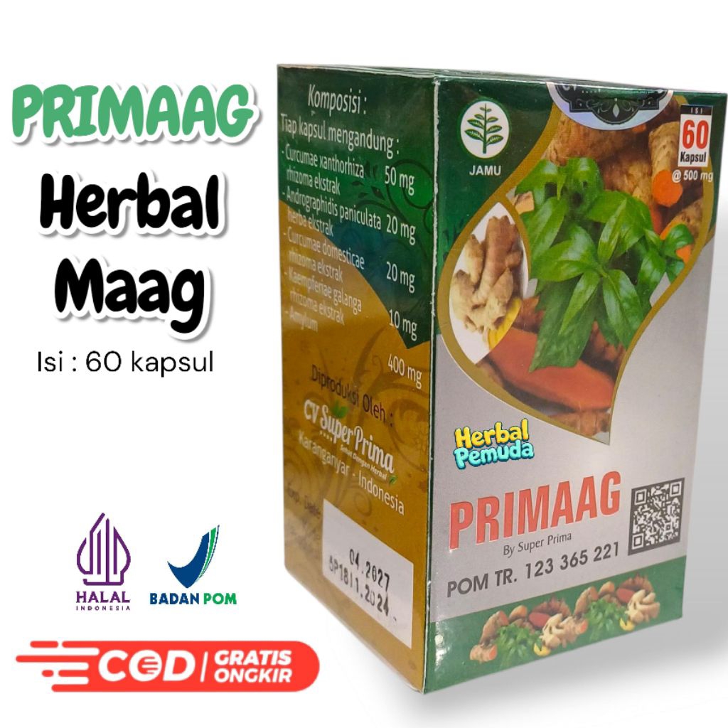 HERBAL MAAG DAN ASAM LAMBUNG PRIMAAG 60 KAPSUL HERBAL TERSTANDAR UNTUK MAAG SUPER PRIMA