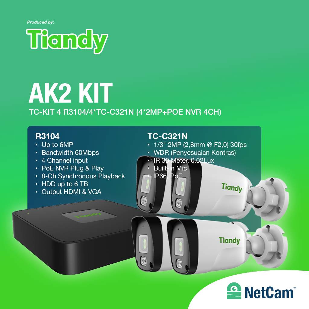 Jual TIANDY PAKET IP CAMERA CCTV AUDIO OUTDOOR 4/8 CHANNEL 2MP AK ...