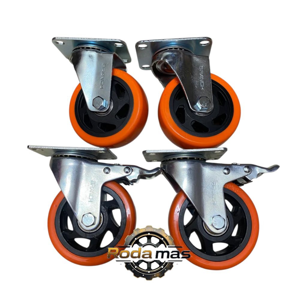 Jual roda troli PU 4 inch orange set ( 2 roda hidup 2 roda hidup rem ...