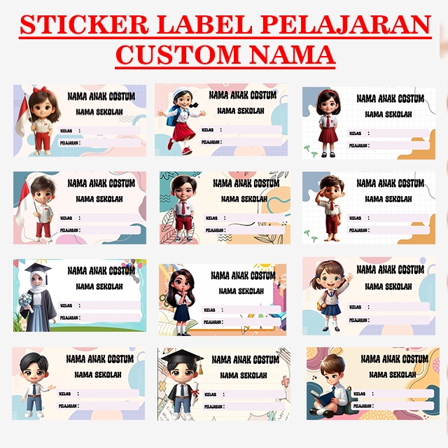 Jual Stiker Label Buku Pelajaran Custom Free Desain isi 44 PCS Karakter ...