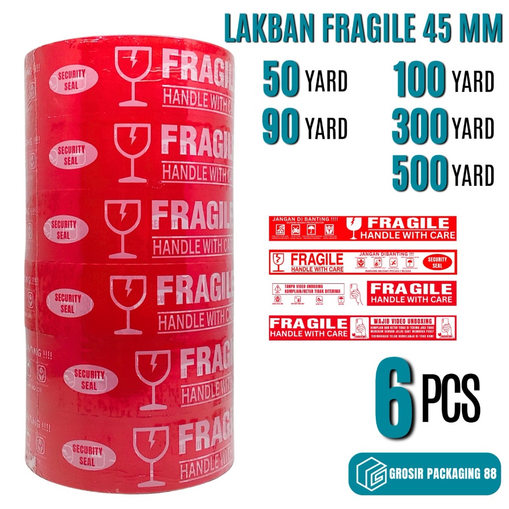 Jual 1 SLOP / 6 PCS Lakban Fragile Merah Putih Handle With Care 2 INCH ...