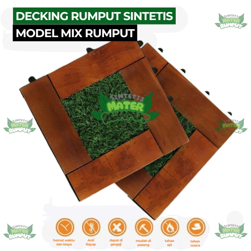 Decking Tile lantai kayu jati ukuran 30x30 cm mix Rumput Sintetis – Puzzle Interlock Bongkar Pasang