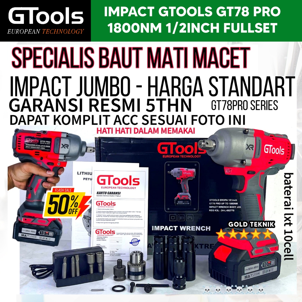 Jual GTools Impact Wrench GT78PRO 1800NM 1/2 inch unuk buka baut motor ...