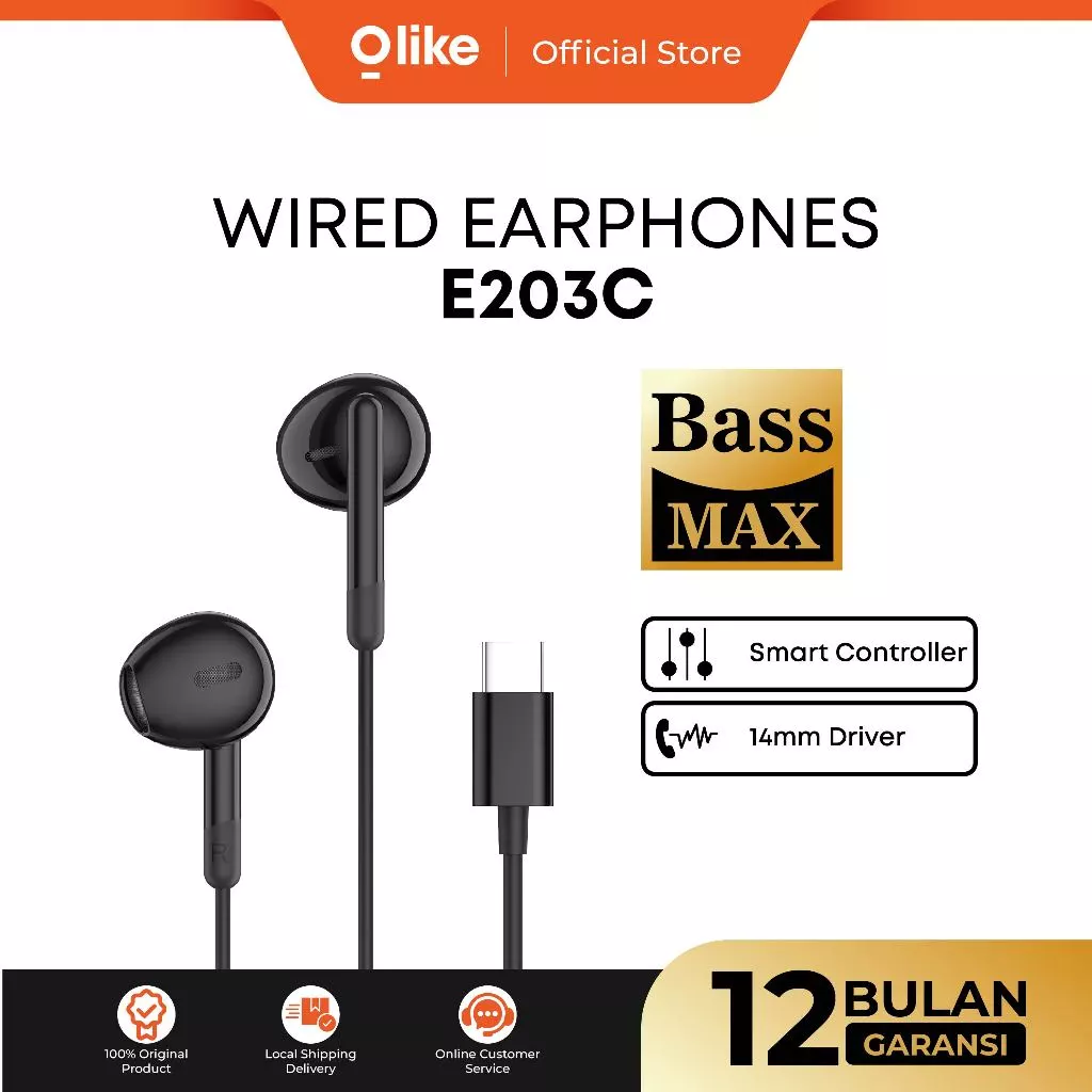 OLIKE Headset Cable E203C Type C 14mm Driver | Wired Earphone Stereo Bass Max Durable TPE Material | Half-Ear Kabel With HD Audio