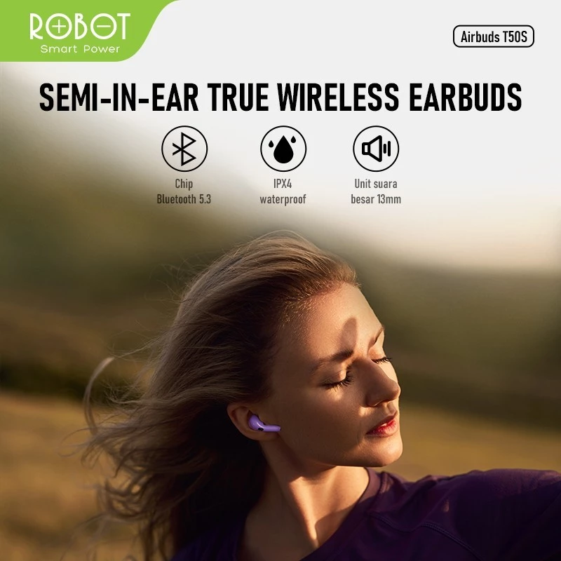 ROBOT TWS Wireless Earphone Airbuds T50S Original Bluetooth 6.0 True Wireless Headset Bluetooth Earbuds IPX4