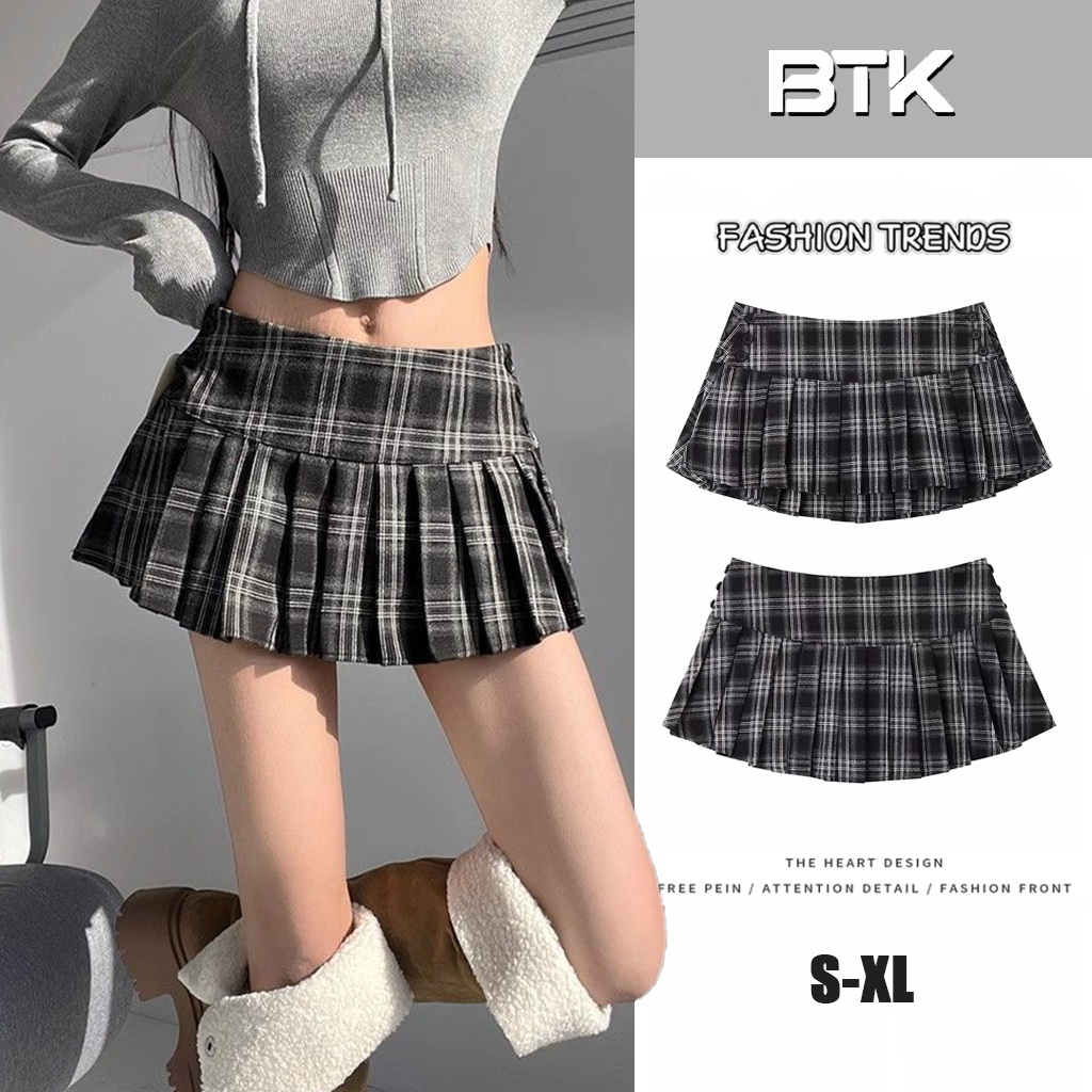 Jual BUTIK Rok Lipit Pendek A-line Kotak-kotak Buttons Mid Waist Skesi ...