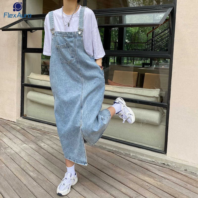 Jual FLEXAURA Jumpsuit Overall Rok Denim Wanita – Panjang 3/4, Gaya ...