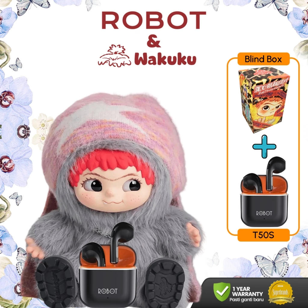WAKUKU Fuzzy Trendy Fun Blind Box Keychain Bag Charm dan Robot TWS Wireless Earphone Airbuds T50S