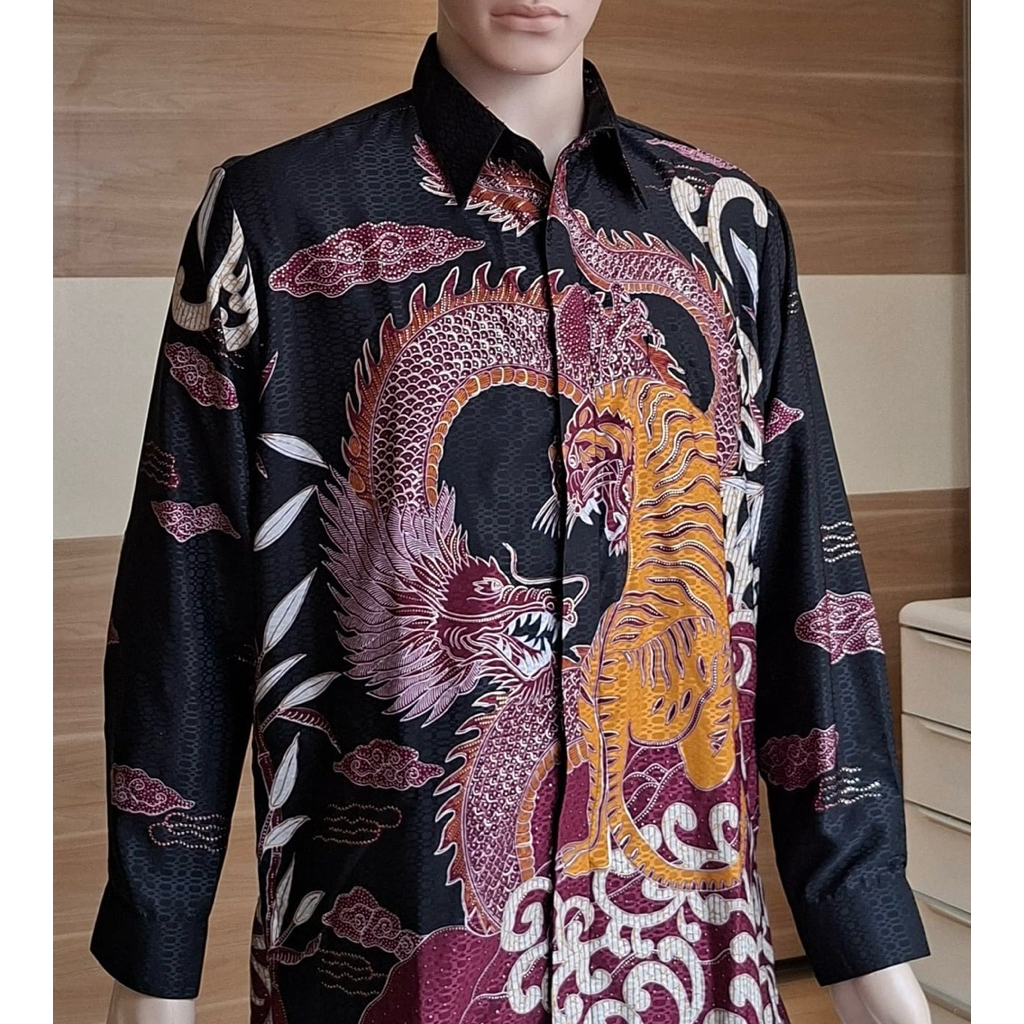 Jual Kemeja Panjang Batik Premium Hitam Dobby Motif Harimau & Naga ...