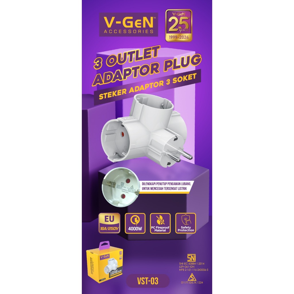Jual Steker Adaptor Plug V-GeN VST-03 3 Socket 4000W SNI | Shopee Indonesia