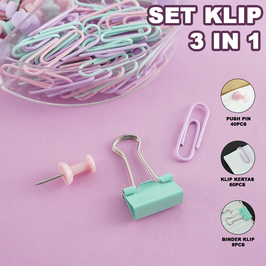 Jual Set Klip 3 in 1 Pastel Aesthetic Isi 108pcs Push Pin Paper Clip ...