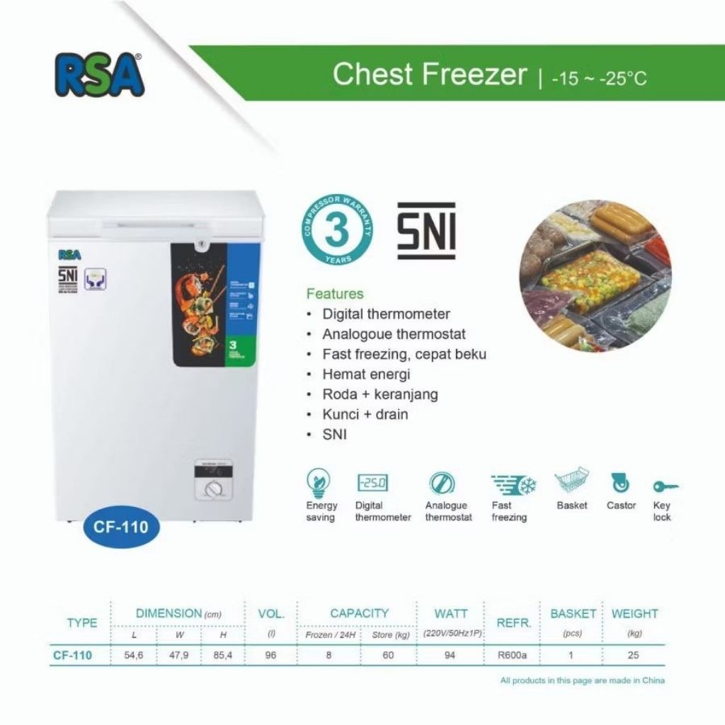 Jual CHEST FREEZER BOX RSA 100 LITER CF110 CHEST FREEZER 100L CF-110 ...