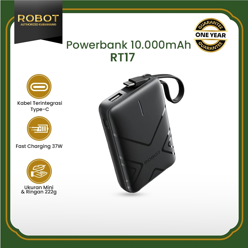 [NEW] ROBOT Powerbank Mini Fast Charging 10.000mAh 37W with Cable USB to Type C Power Bank Fast Charging RT17 Original