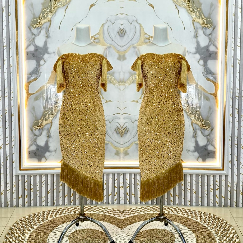 Jual REVALINA-0004 || Dress Pesta Bludru Squin Mewah Kombinasi rumbai ...