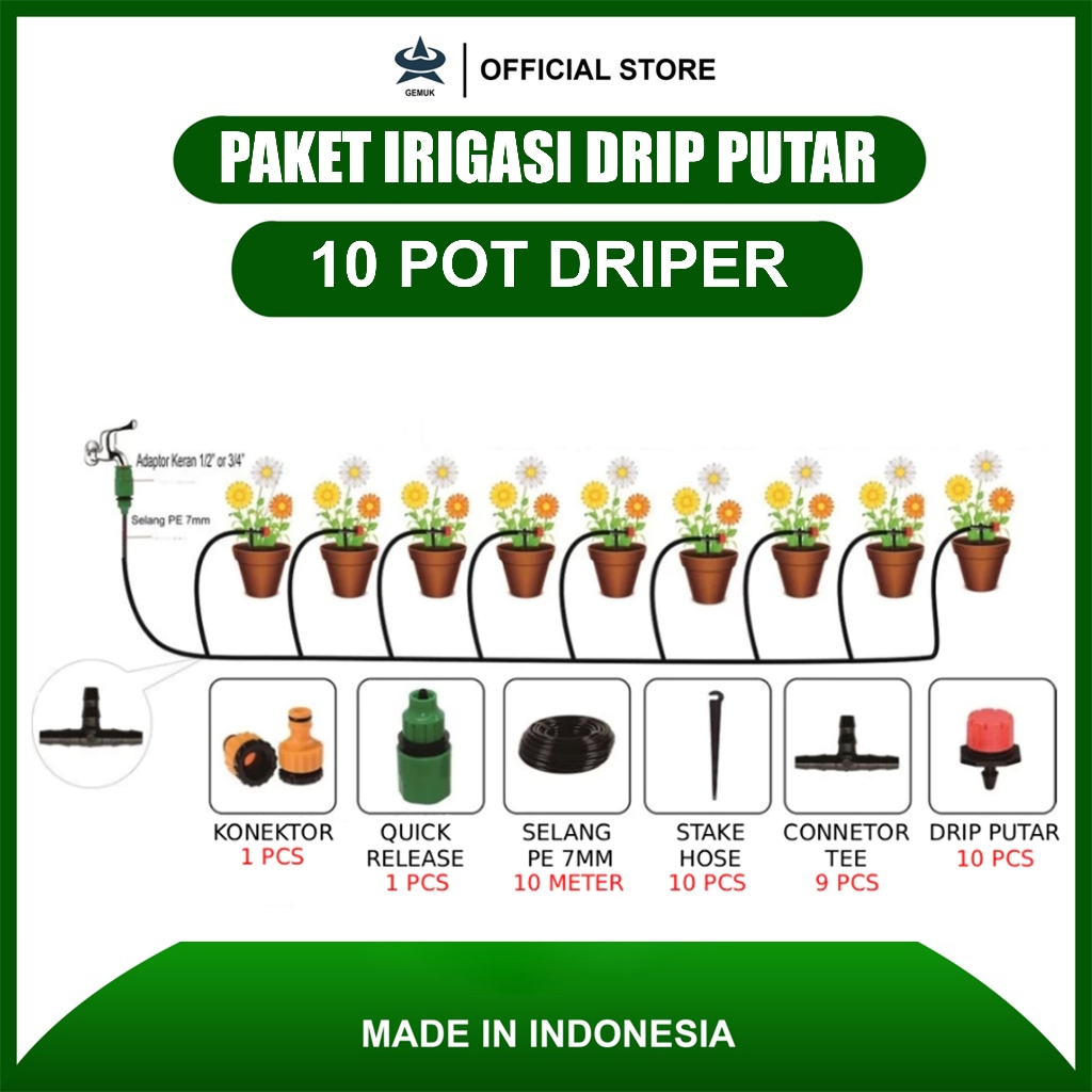 Jual GEMUK Paket Irigasi Pot Drip Putar 10 Pot Selang PE 10 Meter ...