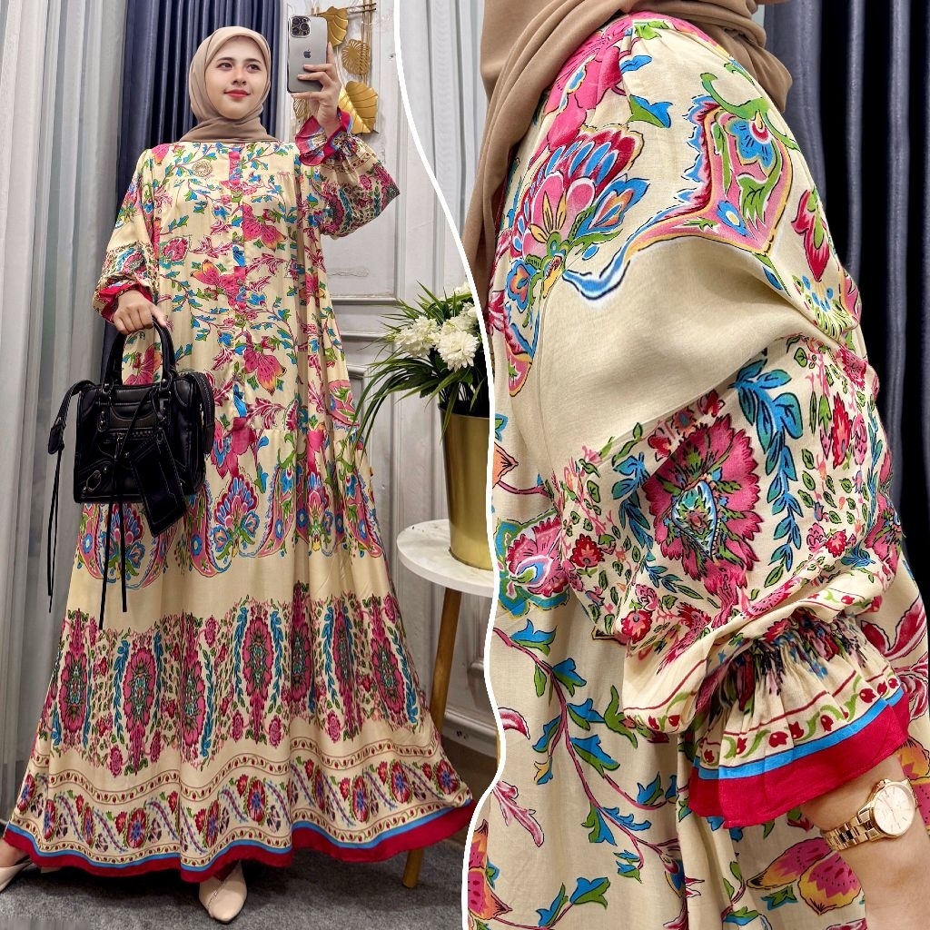 Gamis Arsyila Lengan Balon Rayon Premium Smok - foto 2