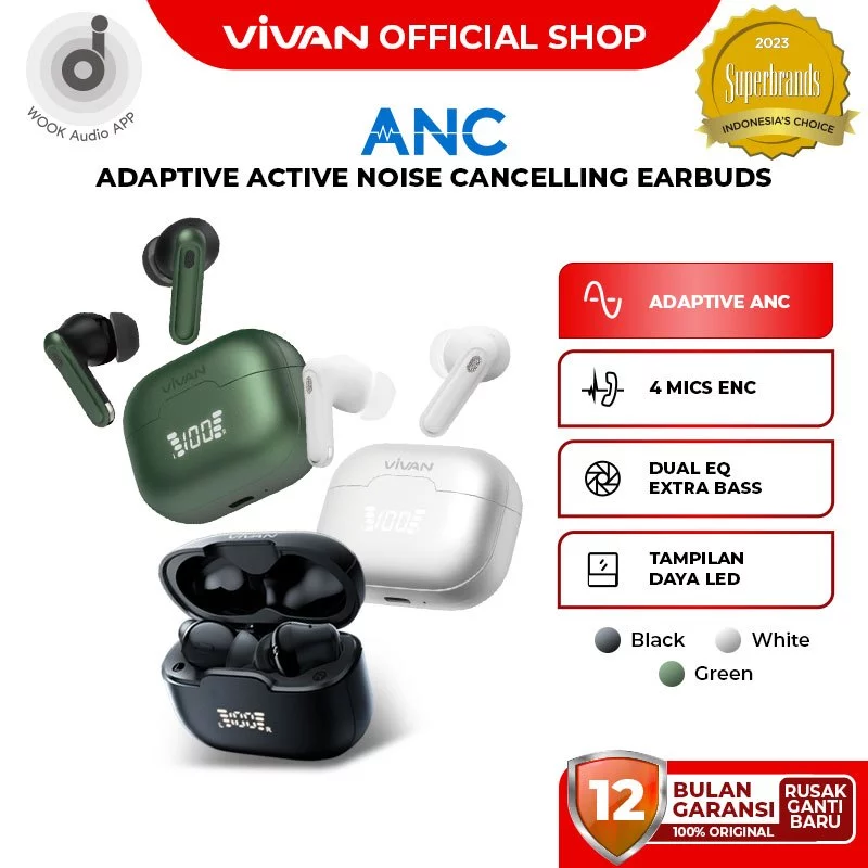 VIVAN TWS Adaptive ANC ENC Infinity GT6 Dual EQ Bass Gaming BT 5.4 Low Latency Garansi 12Bulan