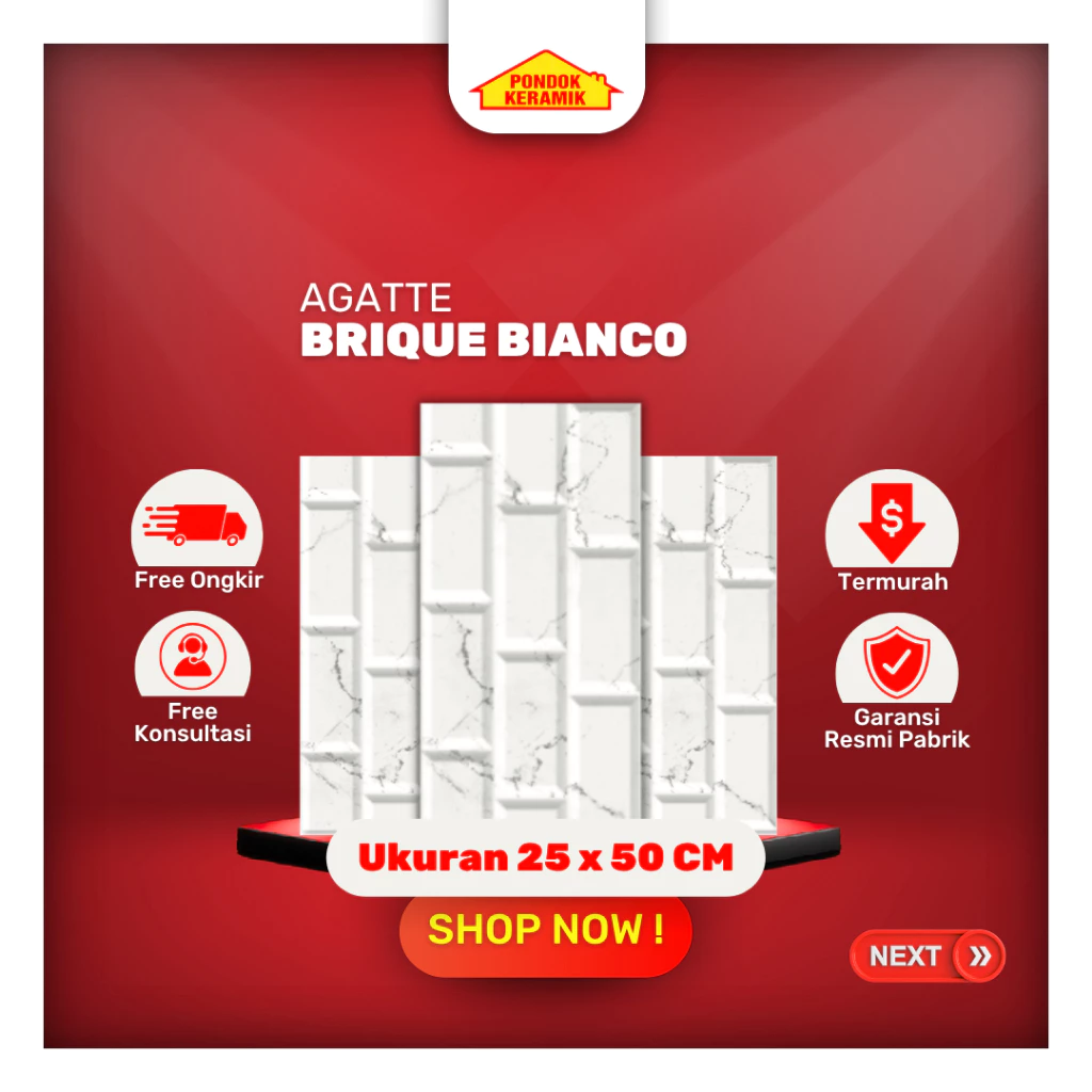 Keramik Dinding Agatte 25x50 Brique Bianco Batu Bata Putih Motif Carara Glossy