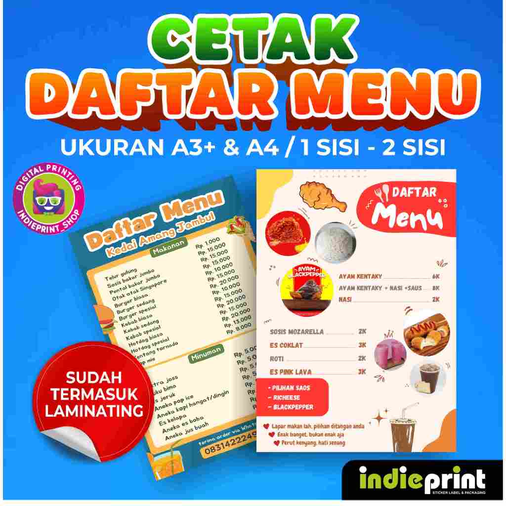 Jual CETAK DAFTAR MENU UKURAN A3+ & A4 LAMINASI(FREE DESIGN) | Shopee ...