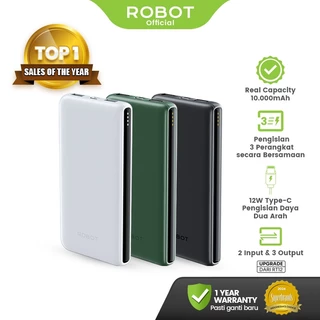 Power Bank ROBOT RT12 10000mAh - 3 Output, Dual Input Type-C & Micro, Fast Charging 12W, Slim & Ringan - Garansi Resmi 1 Tahun