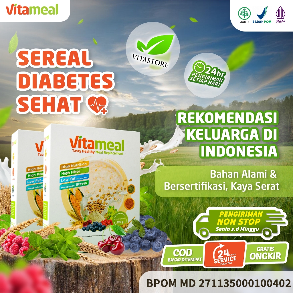 VITAMEAL 2 BOX SARAPAN SEHAT - Sereal Multigrain Cegah Diabetes Menurunkan Gula Darah Mengatasi Kencing Manis Diabetes Melitus Cereal Pengganti Sarapan Diet Sehat Meal Replacement Detoks Melancarkan Pencernaan Asam Lambung Asli Original Official Store