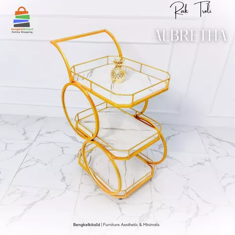Aesthetic Bar Cart Serving Trolley 3-Tier - RAK ALBERTHA - Luxury Minimalist Marble Gold