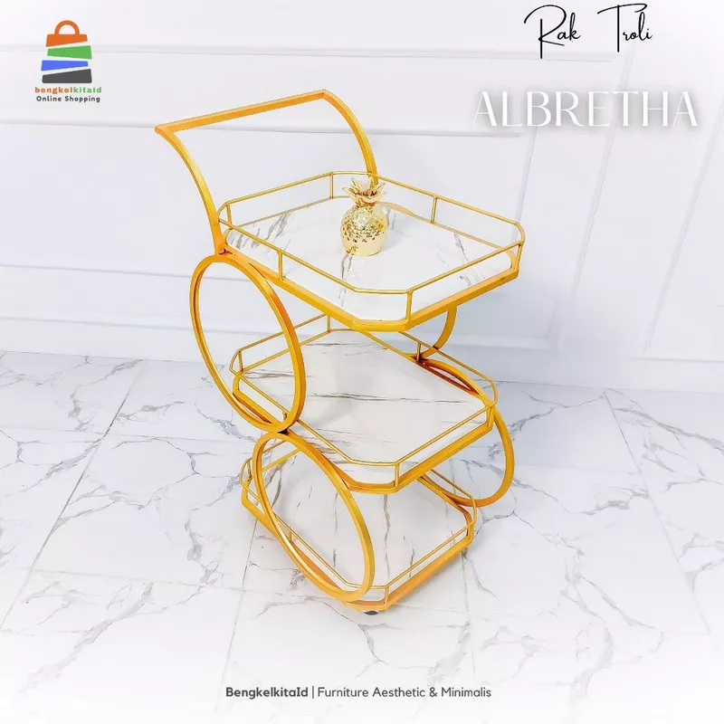 Aesthetic Bar Cart Serving Trolley 3-Tier - RAK ALBERTHA - Luxury Minimalist Marble Gold