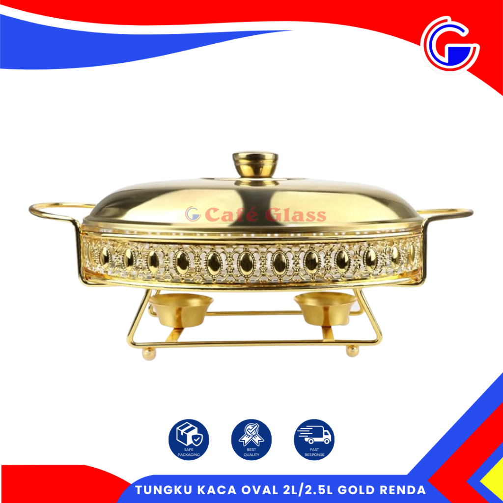 Food Warmer Kaca Oval 2L Rak Gold - Prasmanan Pemanas Lilin Borosilicate - Wadah Saji Detachable Catering Hotel [peti]