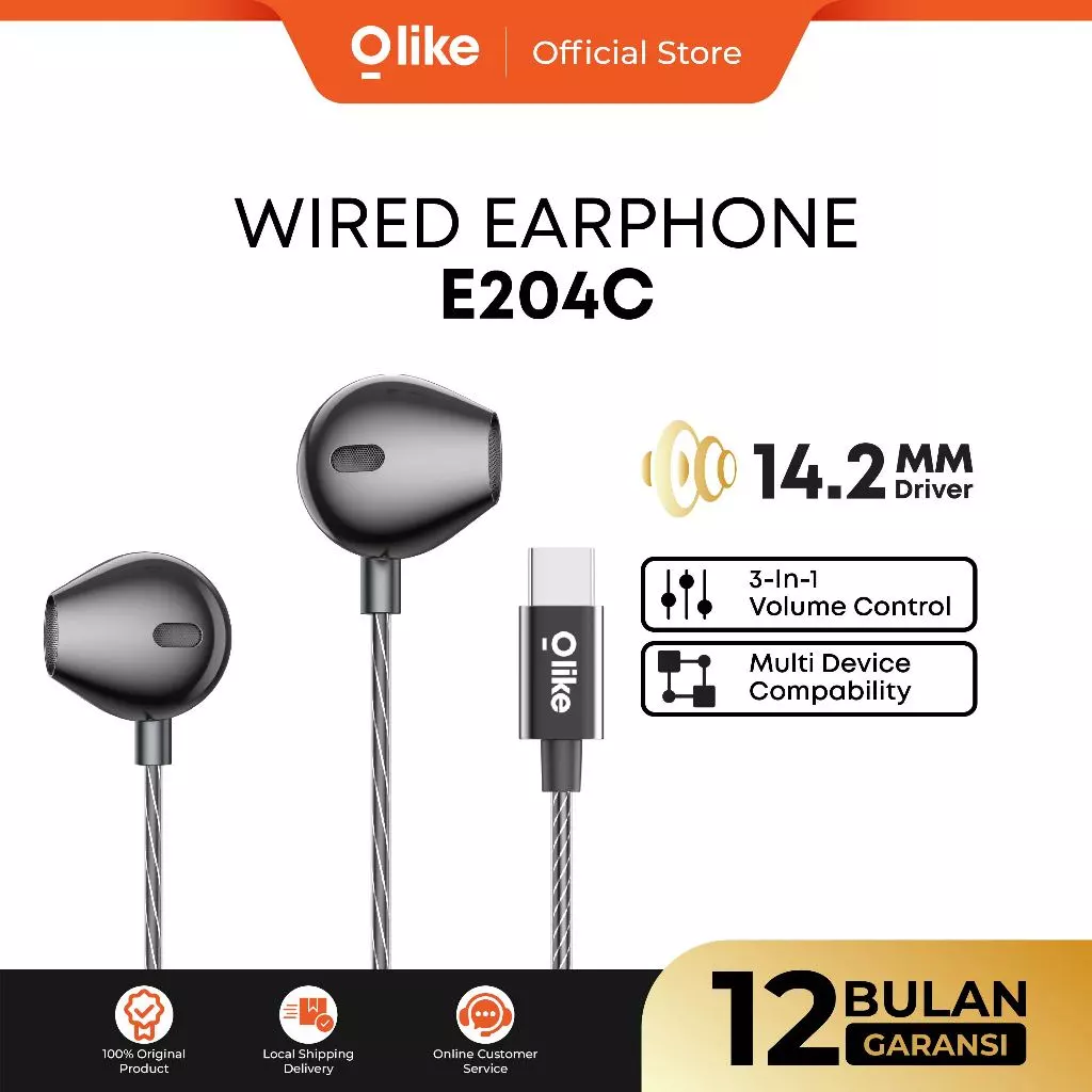 OLIKE Headset Cable E204C Type C 14mm Driver | Wired Earphone Stereo Bass Max Durable TPE Material | Half-Ear Kabel With HD Audio