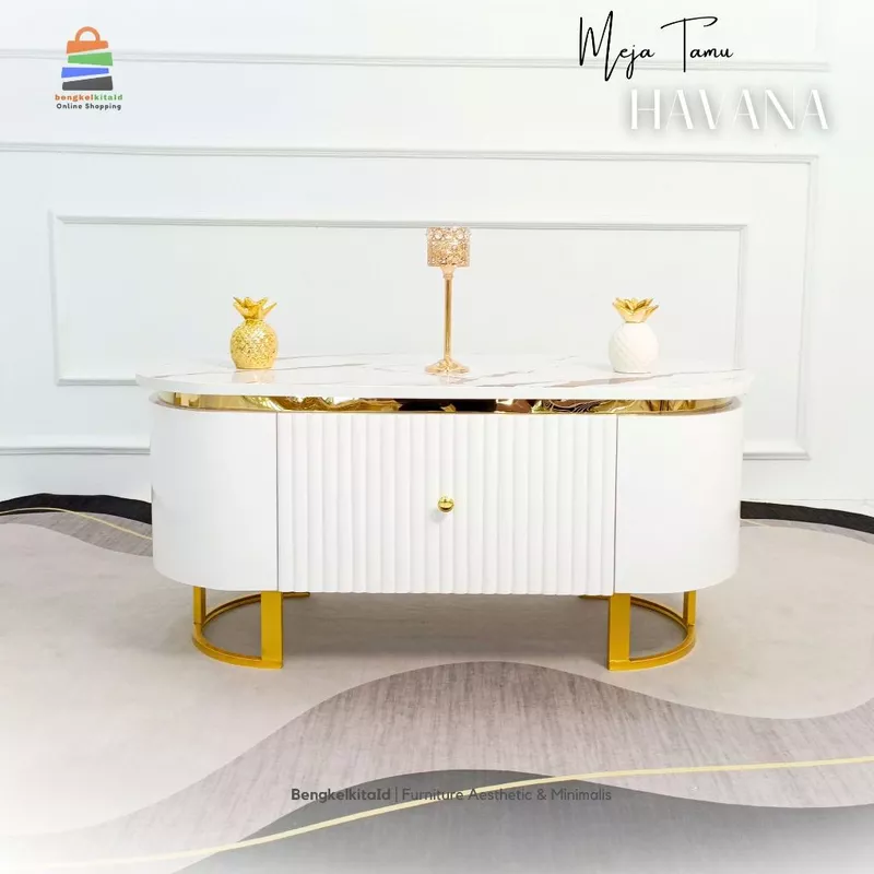 Meja Tamu Oval Aesthetic Havana Coffee Table Minimalis Kayu Solid 110cm