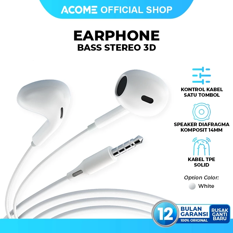 ACOME Wired Earphone Headset Stereo 3D Bass Jack 3.5mm Semi In-Ear AW10 White - Garansi Resmi 12 Bulan