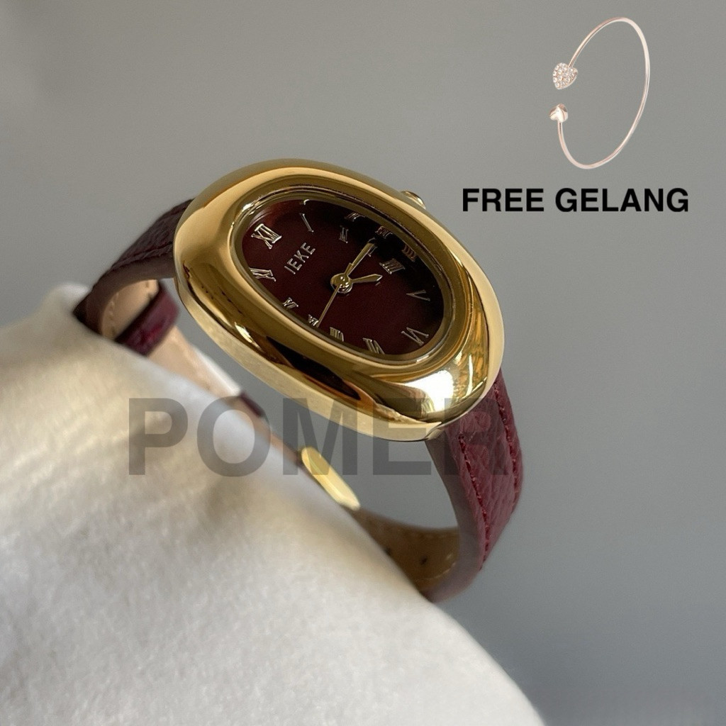 [Free Gelang] Jam Tangan Wanita Terbaru Tali Kulit Model Oval Egg Jam Aesthetic Korea POMER