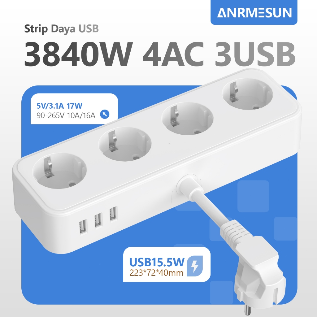 Jual ANRMESUN Stop Kontak USB Strip Daya - 3840W Kuat, 4 Lubang AC + 3 ...