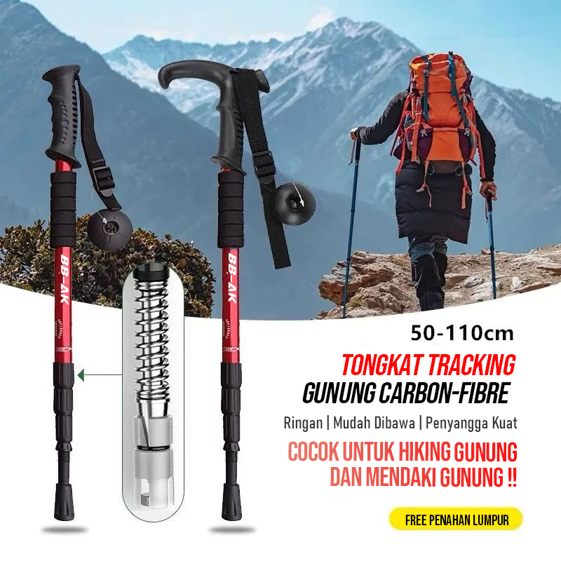 BBAK Tracking Pole Gunung Bahan Full Carbon FIbre | Tongkat Gunung Trekking Hiking Tinggi 50-110CM Dapat Disesuaikan