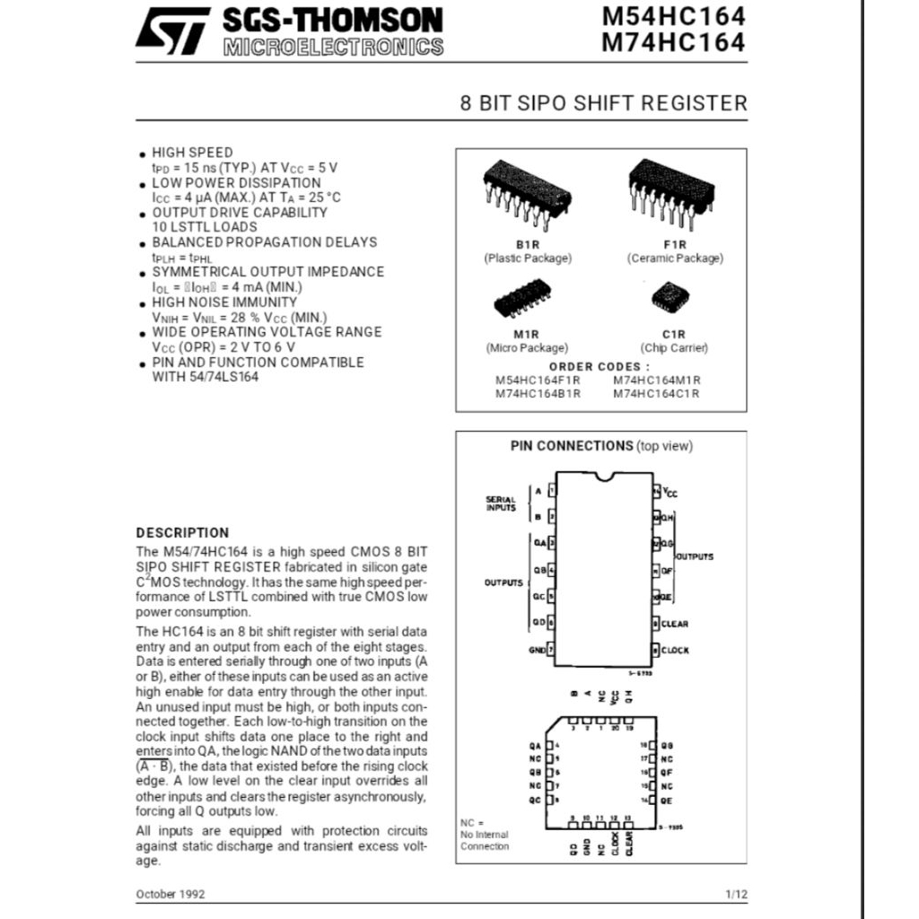 Jual IC TTL Digital 74HC164 74164 14Pin DIP 8 Bit SIPO Shift Register ...