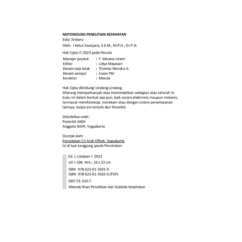Jual Penerbit Andi - Buku METODOLOGI PENELITIAN KESEHATAN : Edisi ...