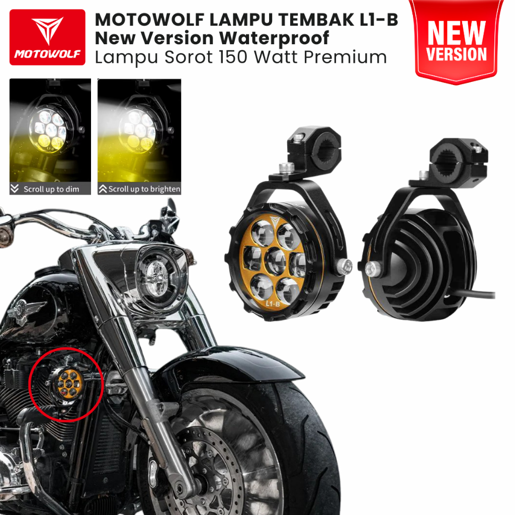 Lampu Tembak Motor LED 2 Warna Motowolf L1-B Lampu Sorot 150W Putih Kuning Waterproof