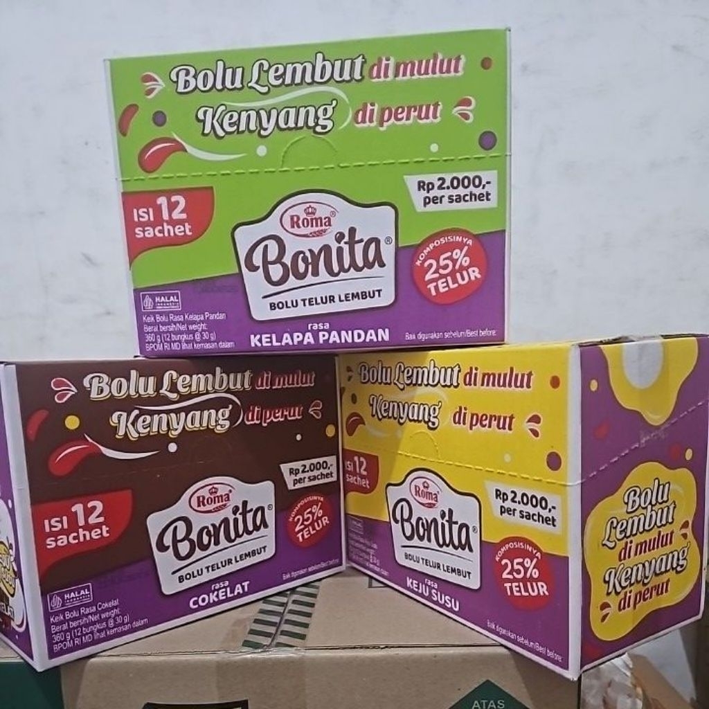 Jual BONITA ROTI BOLU TELUR LEMBUT RASA COKLAT/ PANDAN / KEJU 1 BOX ISI ...