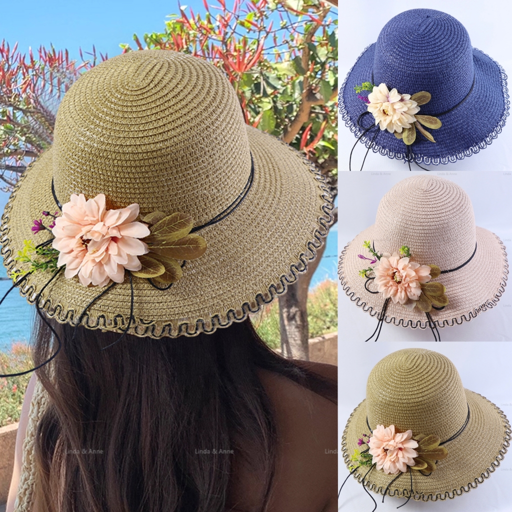Jual L&A Topi Pantai Wanita Bunga Pelindung UV Summer Hat Topi Jerami ...