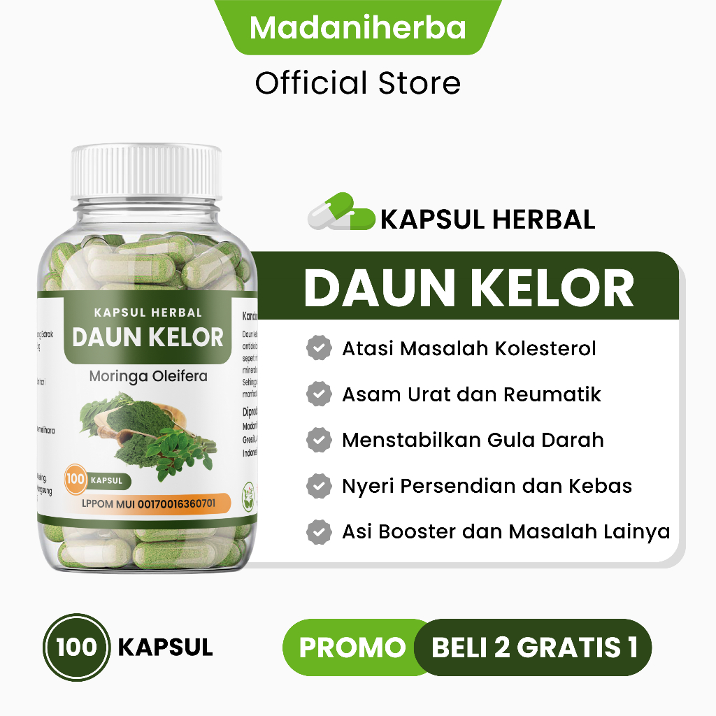 Kapsul Daun Kelor Isi 100 Kapsul - BELI 2 FREE1 - Untuk asam urat kolesterol nyeri persendian