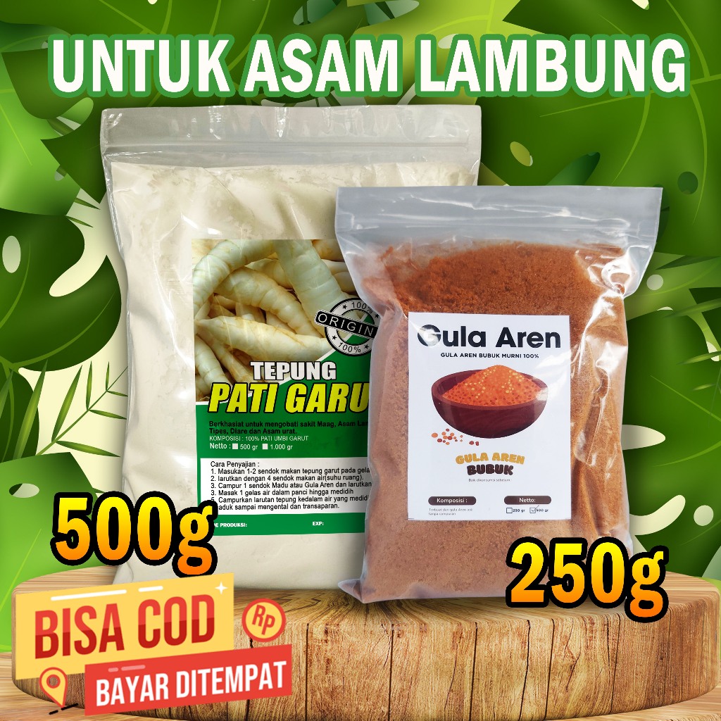 TEPUNG GARUT UNTUK ASAM LAMBUNG 500gram  + GULA AREN 250 gram, Kualitas Premium.