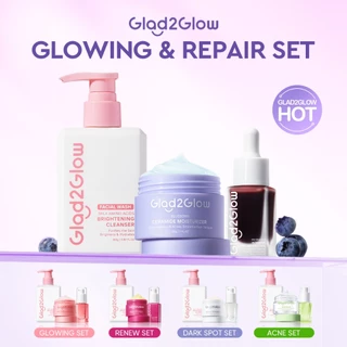 Glad2Glow bundle 3in1 paket Skincare- Moisturizer+Serum+Cleanser- Face Wash  Glowing Kit Dark Spot Acne Kit Mencerahkan warna kulit Menghilangkan jerawat Anti penuaan kulit halus Mencerahkan bintik hitam Beauty Sets & Packages g2glow official store