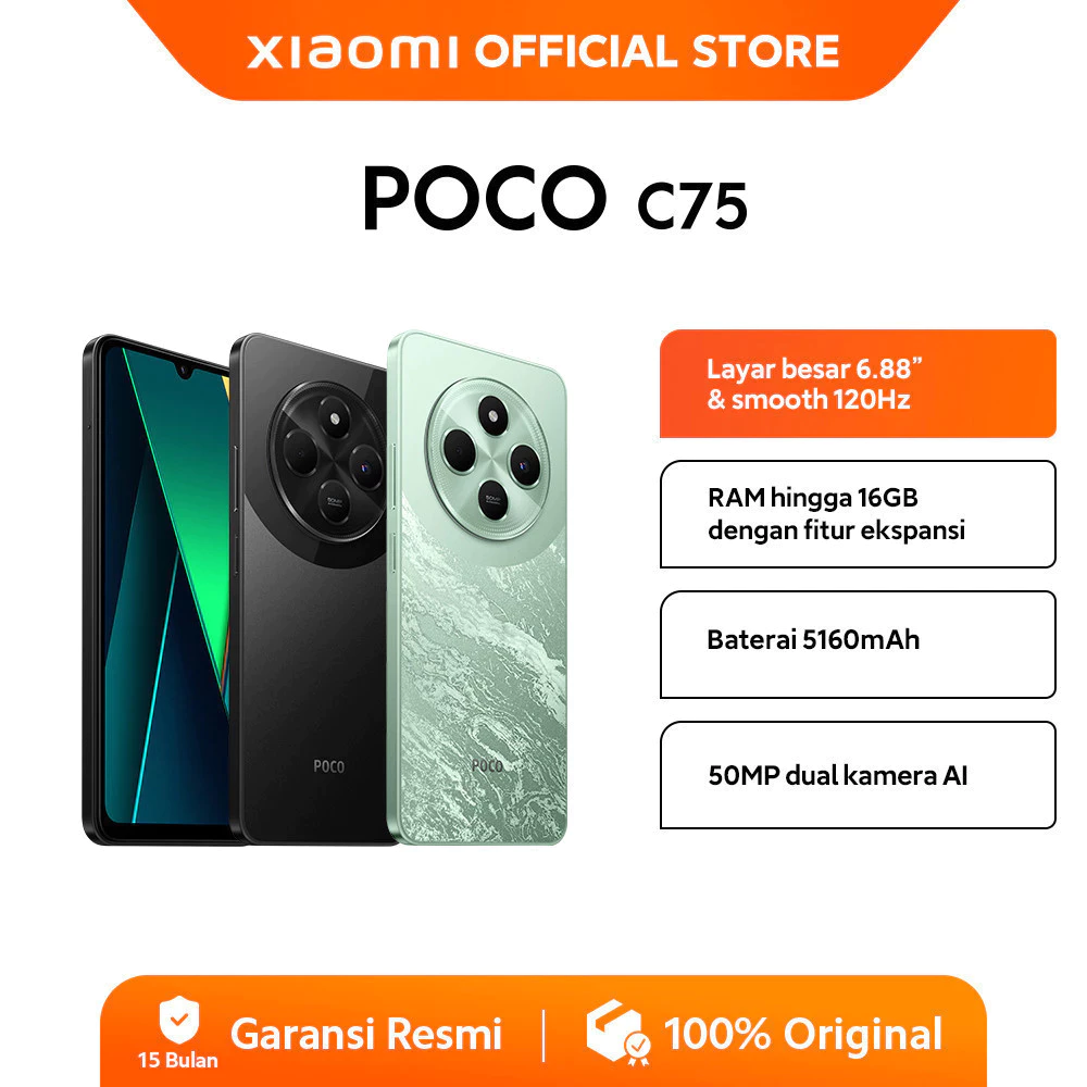 POCO C75 (6/128GB) (8/256GB) | Layar 6,88" | 50MP AI | Refresh rate 120 Hz | Baterai 5.160mAh | 18W Pengisian cepat | RAM hingga 16GB dengan fitur ekspansi | NFC [Official Store]