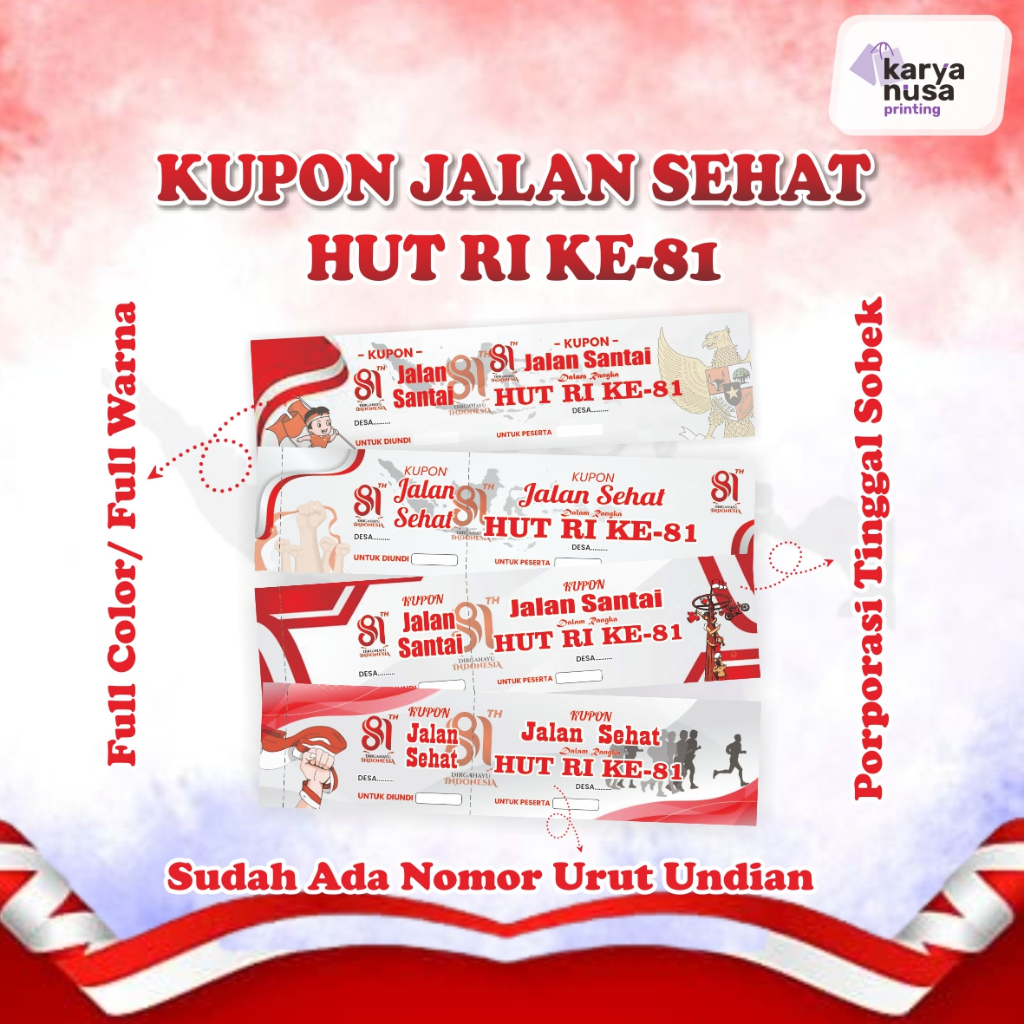 Cetak Kupon Undian Jalan Sehat 17 Agustus HUT RI KE-81 Full Color Double Porporasi, Cover Kissing, Siap Pakai + Nomor Urut Undian kupon jalan santai, kupon tasyakuran agustus, kupon lari sehat, kupon undian agustusan, kupon karnaval